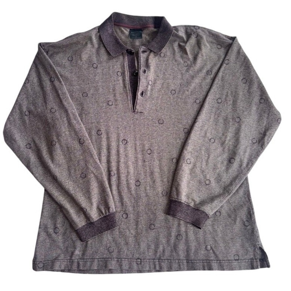 Generra Mens Vintage Brown/Red Geometric Print Long‎ Sleeve Polo Shirt L